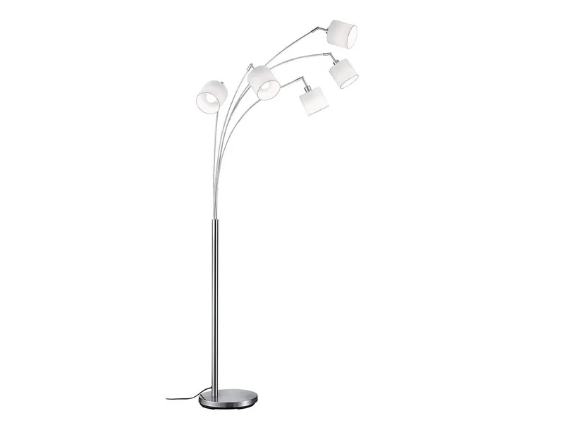 LED Stehlampe 5-flammig mit Stoffschirmen, Höhe 200cm, dimmbar, LED wechselbar, Warmweiß, große Stehleuchte gebogen inkl. E14 LEDs, Wohnzimmer Lampe stehend de Reality en Argent, Blanc – photo produit