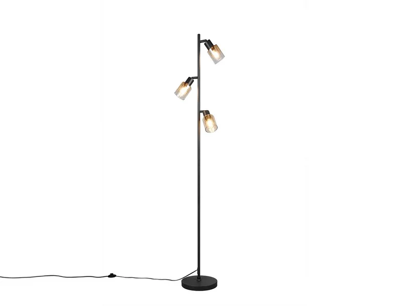 LED Stehlampe mit 3 schwenkbaren Glas Spots Höhe 154cm, Dimmfunktion, LED wechselbar, Warmweiß, Wohnzimmer Stehleuchte mit Strahlern Amberfarbig inkl. Leuchtmitteln de Reality en Marron, Noir – photo produit