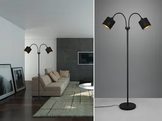 LED Stehlampe mit Flexarm & Stoffschirmen, Höhe 130cm, dimmbar, LED wechselbar, Warmweiß, kleine Stehleuchte zum Lesen, Wohnzimmer Lese-Lampe inkl. E14 LED von Reality in Schwarz – Produktfoto 2 von 5
