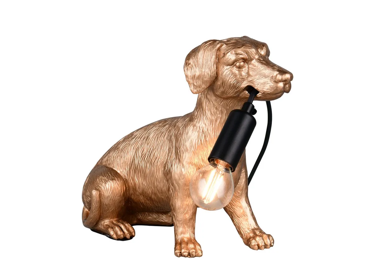 LED Tischleuchte aus Kunststoff Hundelampe, Höhe 23,5cm, dimmbar, LED wechselbar, warmweiß, coole Nacht-tischlampe ausgefallene Tierlampe Dackel inkl. E14 LED von Reality in Gold – Produktfoto