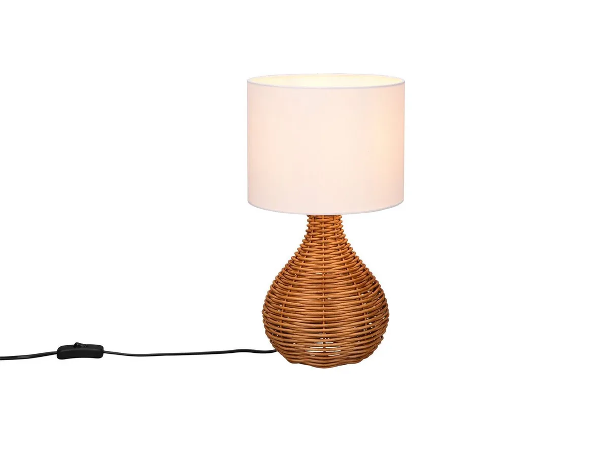 LED Tischleuchte, Dimmfunktion, LED wechselbar, in 3 Stufen dimmbar über Schnurschalter, warmweiß, große Boho Rattan-Lampe mit Stoffschirm, Höhe 40cm fra Reality i Hvid – produktbillede