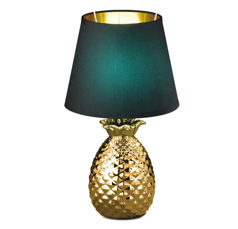LED Tischleuchte, Leuchtmittel inklusive, Textil Nacht Tisch Lampe Fernbedienung SCHWARZ GOLD Ananas von Reality in Weiß – Produktfoto