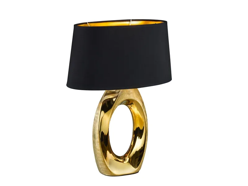 LED Tischleuchte mit Keramik Fuß & Stoffschirm, Höhe 52cm, dimmbar, LED wechselbar, Warmweiß, große ausgefallene Nacht-Tischlampe mit E27 LED von Reality in Gold, Schwarz – Produktfoto