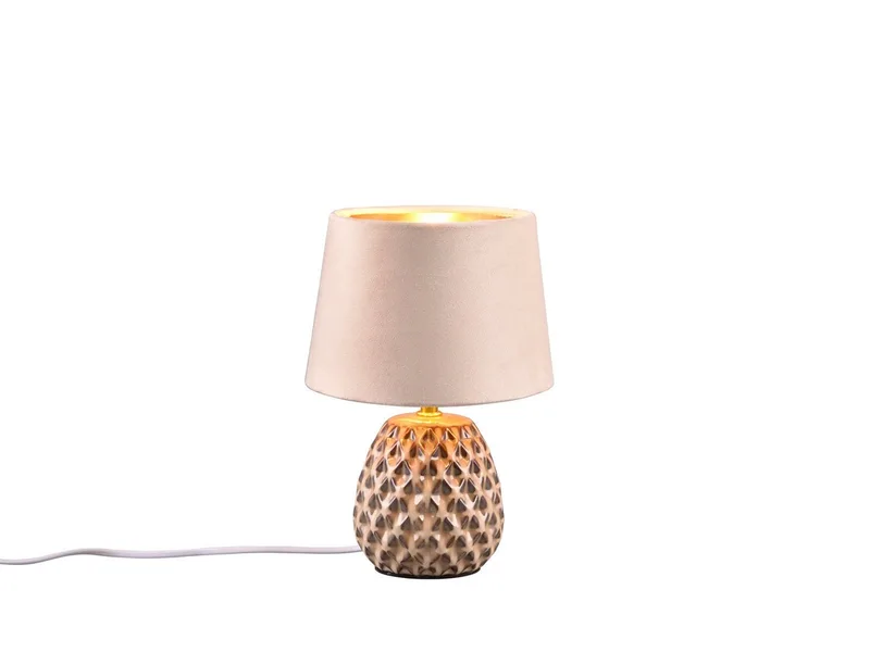 LED Tischleuchte mit Keramikfuß & Samtschirm, Höhe 27cm, dimmbar, LED wechselbar, warmweiß, kleine Retro Nachttisch-lampe für Fensterbank, inklusive E14 LED fra Reality i Beige – produktbillede
