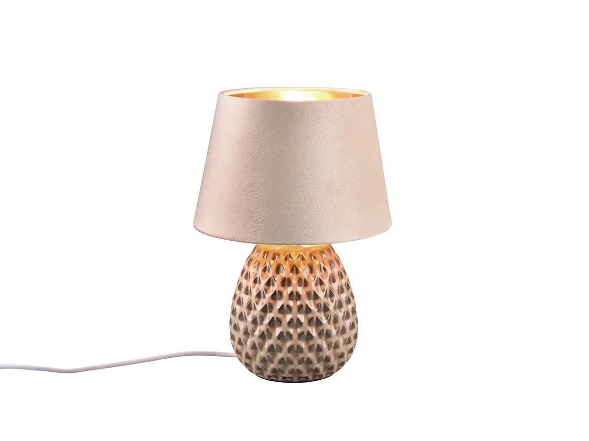 LED Tischleuchte mit Keramikfuß & Samtschirm, Höhe 35cm, dimmbar, LED wechselbar, warmweiß, Retro Nachttisch-lampe für Fensterbank & Sideboard, inklusive E27 LED fra Reality i Beige – produktbillede