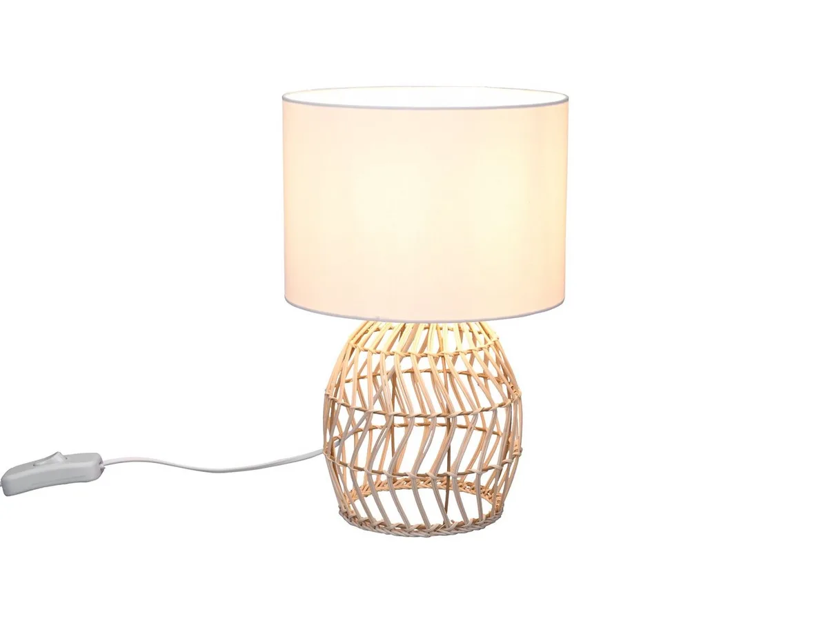 LED Tischleuchte Rattan Geflecht & Stoffschirm, Höhe 38cm, dimmbar, LED wechselbar, Warmweiß, Nacht-tischlampe skandinavisch gemütliche Tischleuchte, inkl. E27 LED von Reality in Beige – Produktfoto