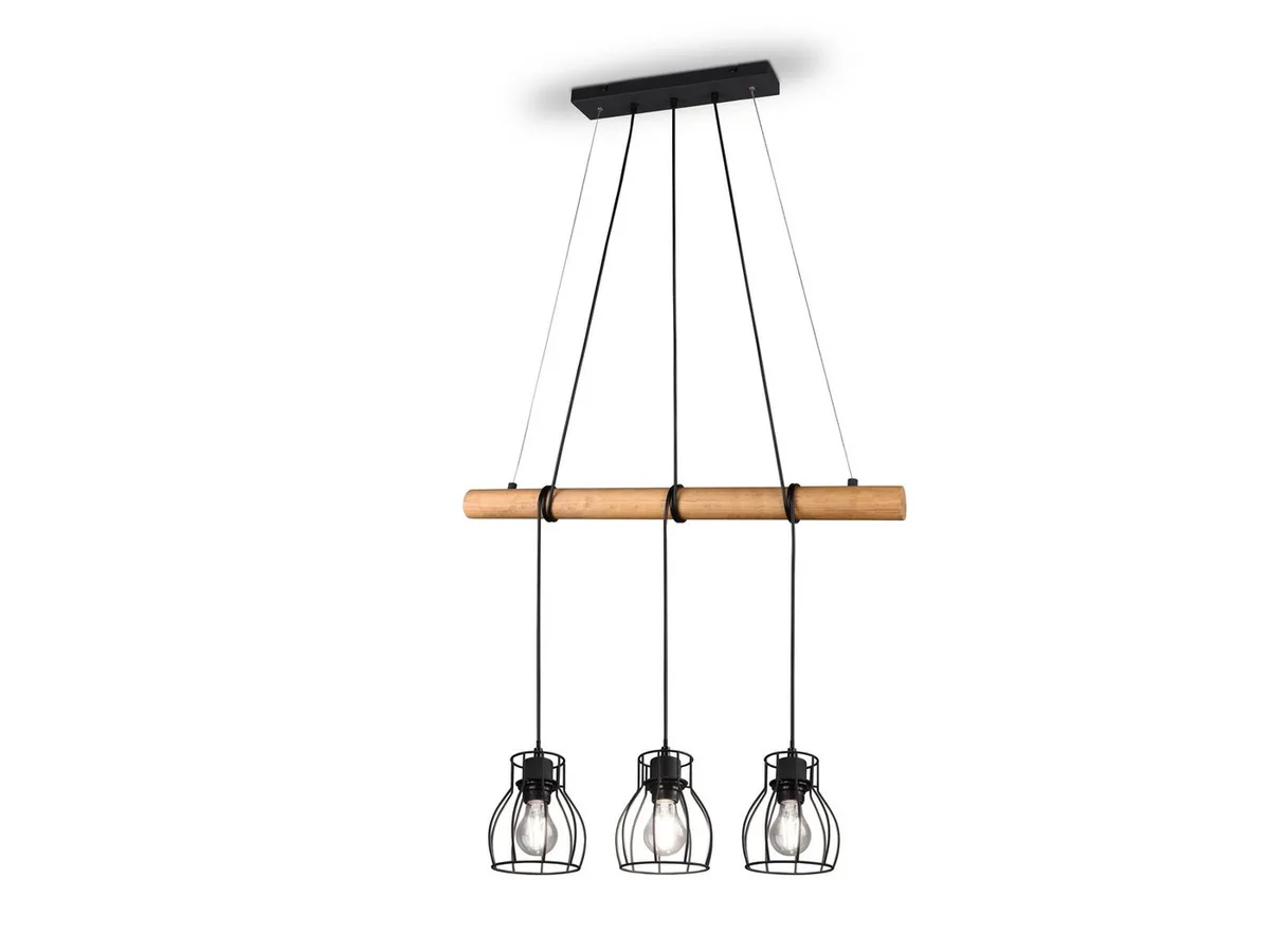 Pendelleuchte mit Holz-Balken & Gitterschirmen B: 75cm, ohne Leuchtmittel, Hänge-Lampe groß mit Holzbalken, für Esszimmertisch de Reality en Noir – photo produit