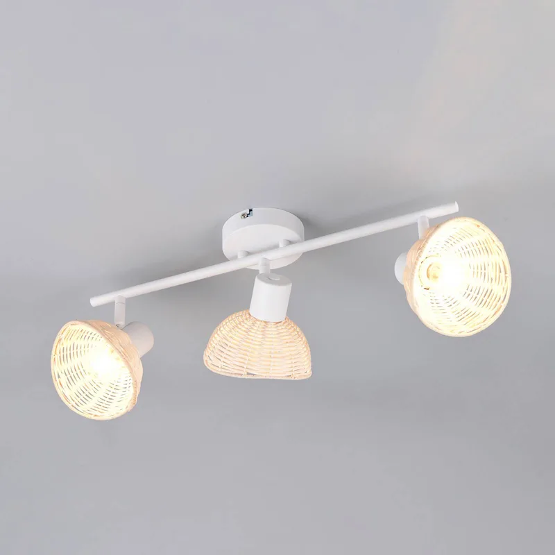 Plafondlamp Calvi, wit, rotan naturel, lengte 59 cm, 3-lamps. de Reality en Wit mat, Rotan naturel – photo produit