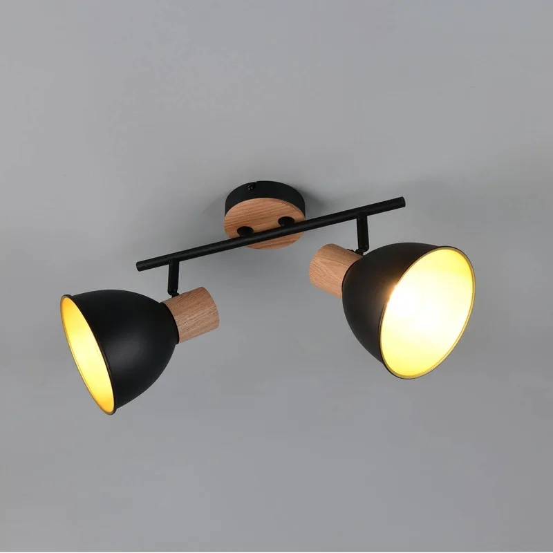 Plafondlamp Delume, zwart, lengte 49 cm, 2-lamps. Metaal/hout de Reality en Zwart mat, Hout – photo produit