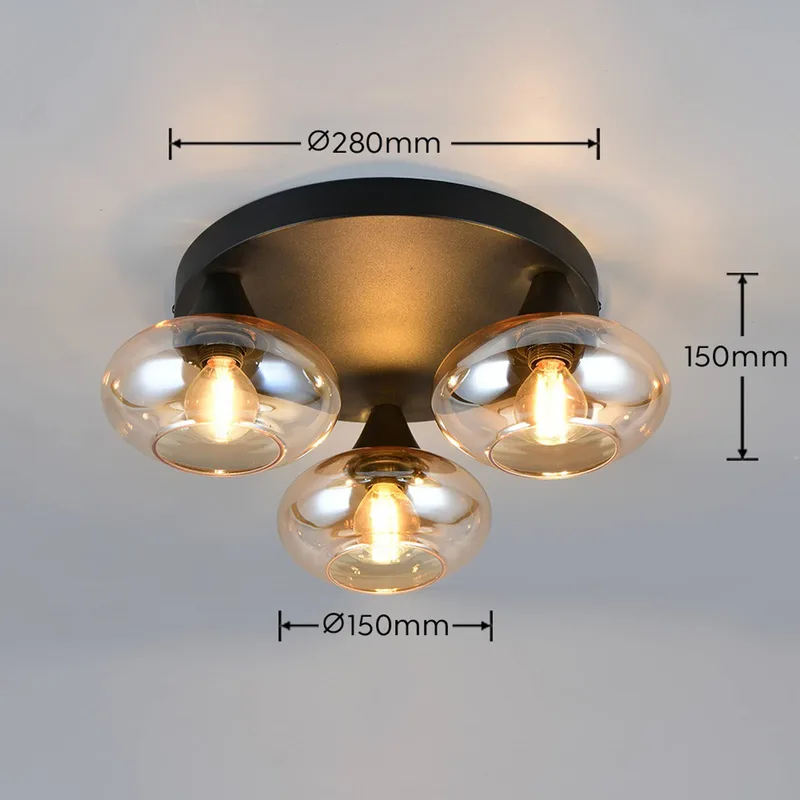 Plafondlamp Divina, amberkleurig, Ø 39 cm, 3-lamps, glas by Reality in Amberkleurig, Black – product photo