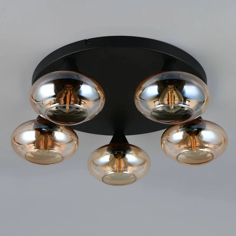 Plafondlamp Divina, amberkleurig, Ø 49 cm, 5-lamps, glas de Reality en Amberkleurig, Noir – photo produit