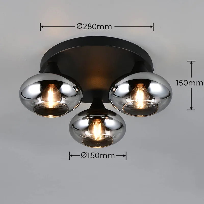 Plafondlamp Divina, rookkleurig, Ø 39 cm, 3-lamps, glas van Reality in Rookkleurig, Zwart – productfoto