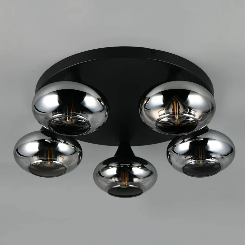 Plafondlamp Divina, rookkleurig, Ø 49 cm, 5-lamps, glas van Reality in Rookkleurig, Zwart – productfoto