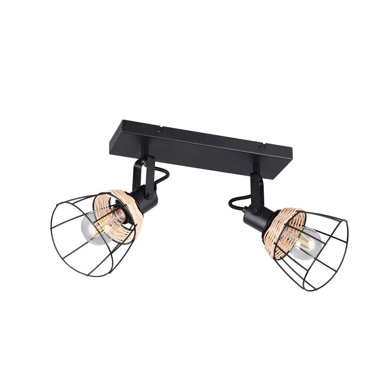 Plafondlamp Jerome, lengte 36 cm, 2-lamps, matzwart metaal fra Reality i Zwart mat, Rotan naturel – produktbillede