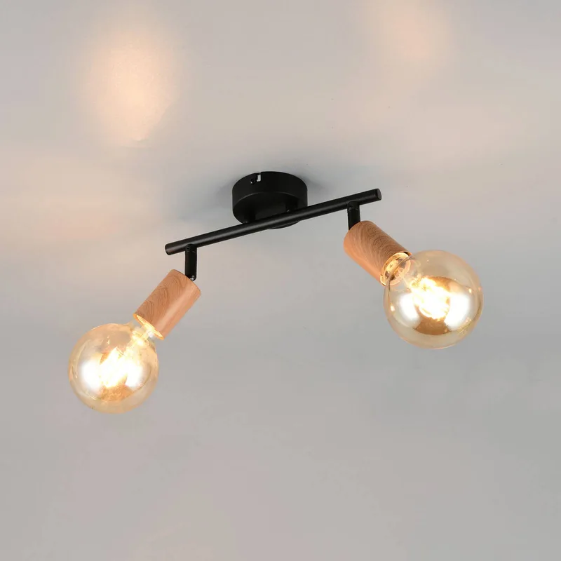 Plafondlamp Lamego, zwart, lengte 35 cm, 2-lamps, metaal de Reality en Noir, Hout – photo produit