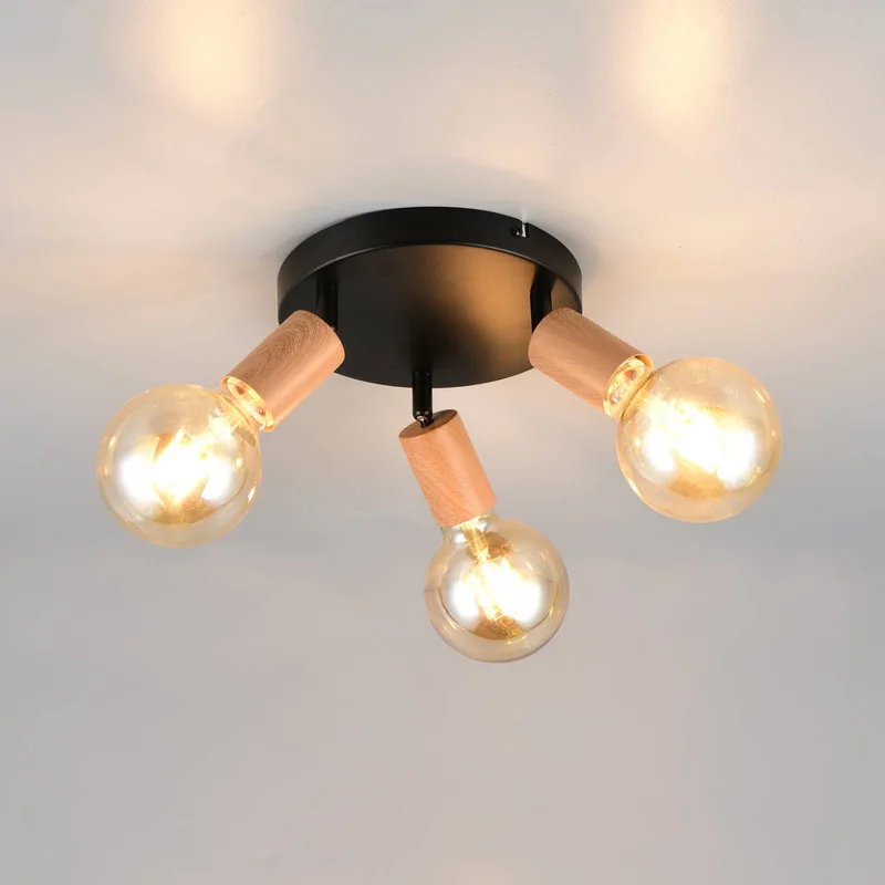 Plafondlamp Lamego, zwart, Ø 29 cm, 3-lamps, metaal de Reality en Noir, Hout – photo produit