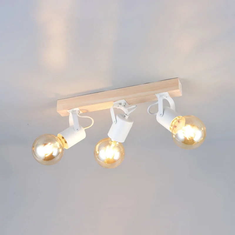Plafondlamp Lynar, wit, hout, metaal, lengte 42 cm, 3-lamps. de Reality en Wit mat, Hout – photo produit