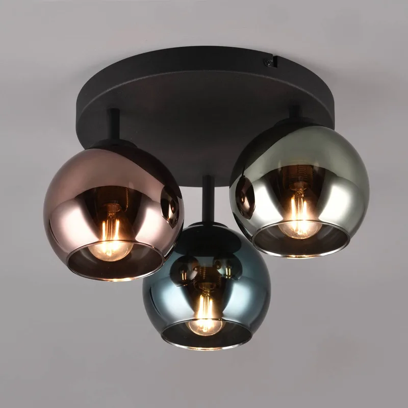 Plafondlamp Sheldon met drie glas-bolkappen van Reality in Zwart, Blauw, Groen, Koper – productfoto