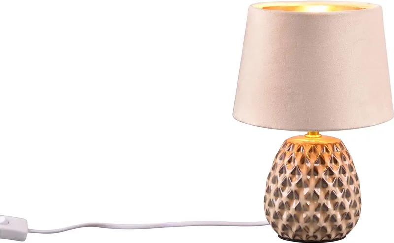 Schreibtischlampe ARIANA Tischleuchte exkl 1xE14 max40W Höhe 27cm Ø 18cm Nachttischlampe, Ein-/Ausschalter, Leuchtmittel wechselbar, warmweiß - kaltweiß, Struktur Keramik Samt Schirm innen gold,Tischlampe mit Schnurschalter de Reality en Beige, Marron – photo produit