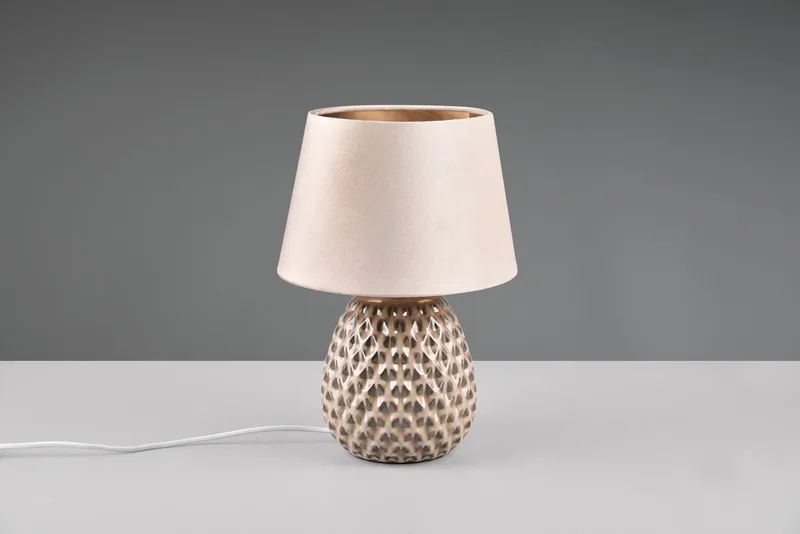 Schreibtischlampe ARIANA Tischleuchte exkl 1xE27 max60W Höhe 35cm Ø 24cm Nachttischlampe, Ein-/Ausschalter, Leuchtmittel wechselbar, warmweiß - kaltweiß, Struktur Keramik Samt Schirm innen gold,Tischlampe mit Schnurschalter de Reality en Beige, Marron – photo produit 3 sur 4