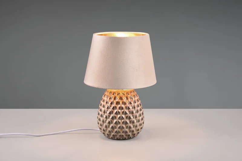 Schreibtischlampe ARIANA Tischleuchte exkl 1xE27 max60W Höhe 35cm Ø 24cm Nachttischlampe, Ein-/Ausschalter, Leuchtmittel wechselbar, warmweiß - kaltweiß, Struktur Keramik Samt Schirm innen gold,Tischlampe mit Schnurschalter de Reality en Beige, Marron – photo produit 2 sur 4