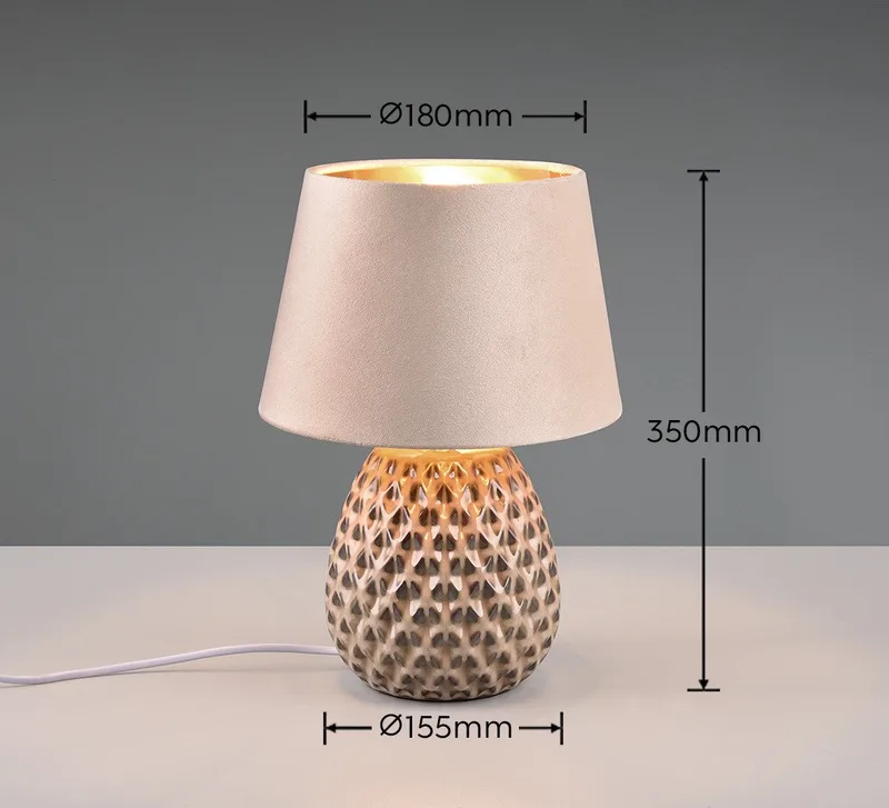Schreibtischlampe ARIANA Tischleuchte exkl 1xE27 max60W Höhe 35cm Ø 24cm Nachttischlampe, Ein-/Ausschalter, Leuchtmittel wechselbar, warmweiß - kaltweiß, Struktur Keramik Samt Schirm innen gold,Tischlampe mit Schnurschalter de Reality en Beige, Marron – photo produit 4 sur 4