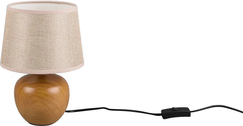 Bureaulamp Luxor, aan/uit-schakelaar, zonder lichtbron, warmwit tot koudwit, keramische tafellamp in houtlook, met stoffen kap, excl. 1xE14 max 40W van Reality in Beige – productfoto