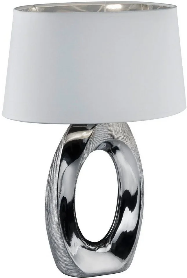 Schreibtischlampe Taba, E27 Tischleuchte mit Keramikfuß und weiß-silberfarbigem Stoffschirm von Reality in Silber – Produktfoto