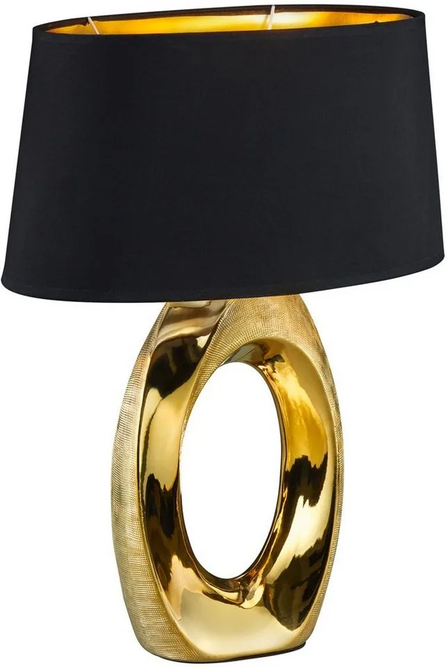 Schreibtischlampe Taba, ohne Leuchtmittel, Nachttischlampe, Tischlampe golfarbig, Stoffschirm in schwarz/gold von Reality in Gold – Produktfoto