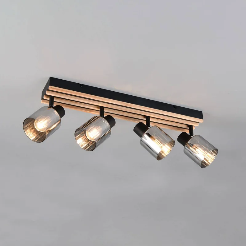 Spot Travia, lengte 65 cm, 4-lamps, zwart/rookgrijs de Reality en Zwart mat, Rookgrijs, Hout – photo produit
