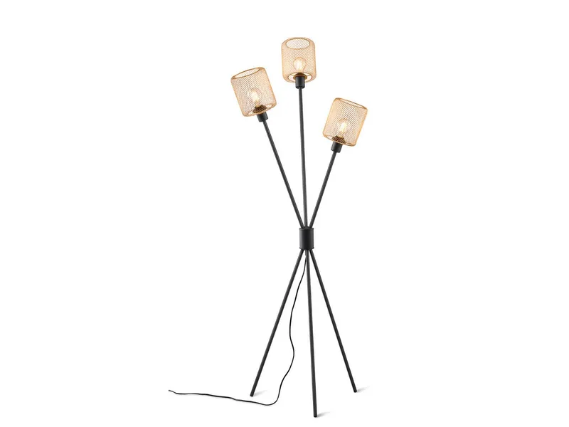 Stehlampe Dreibein, Metall Gold, H: 159cm, ohne Leuchtmittel, drei Lampenschirme Drahtgestell Gold-Farben de Reality en Noir – photo produit