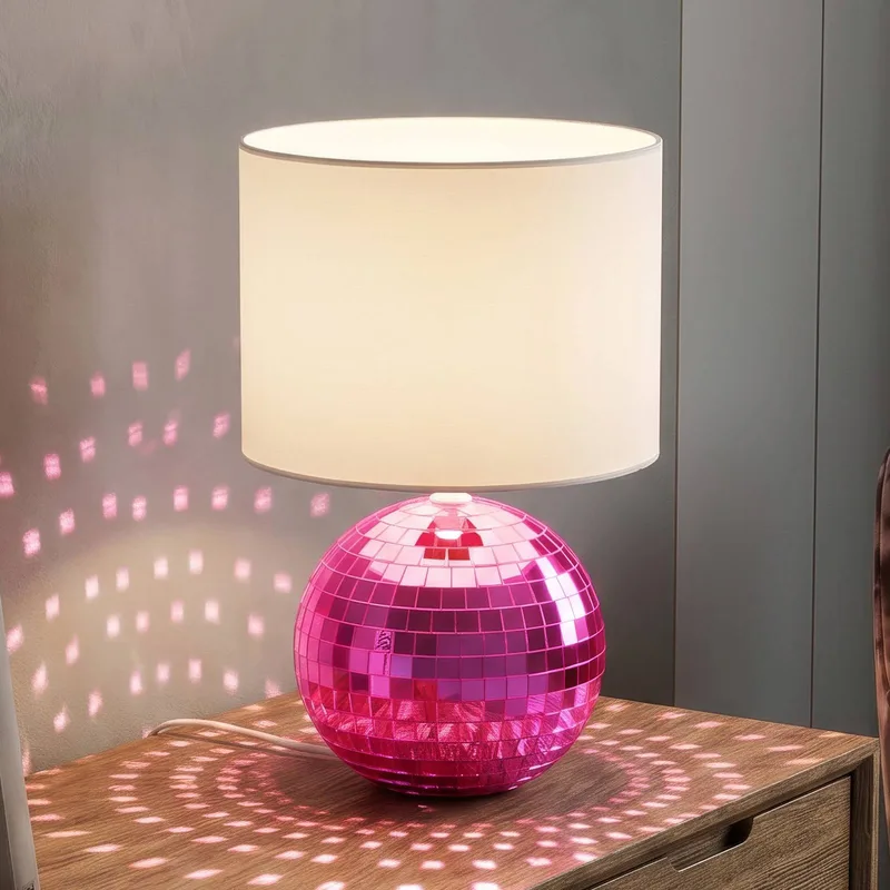 Tafellamp Glitza roze/wit, textiel, kunststof, E14 de Reality en Rose, Blanc – photo produit