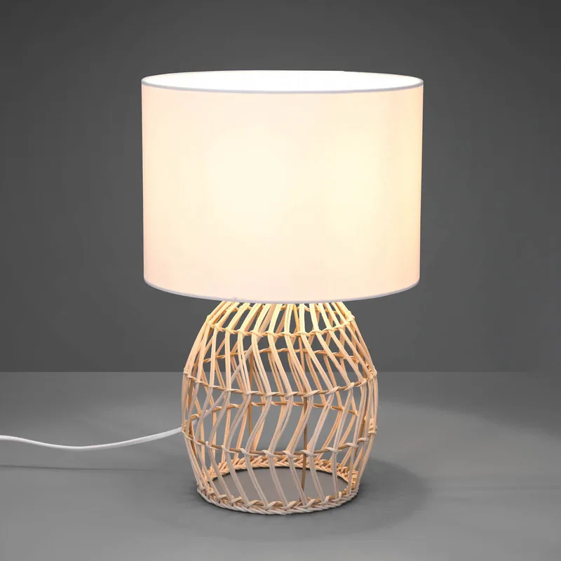 Tafellamp Rike, rotan frame en stoffen kap de Reality en Blanc, Helder hout – photo produit