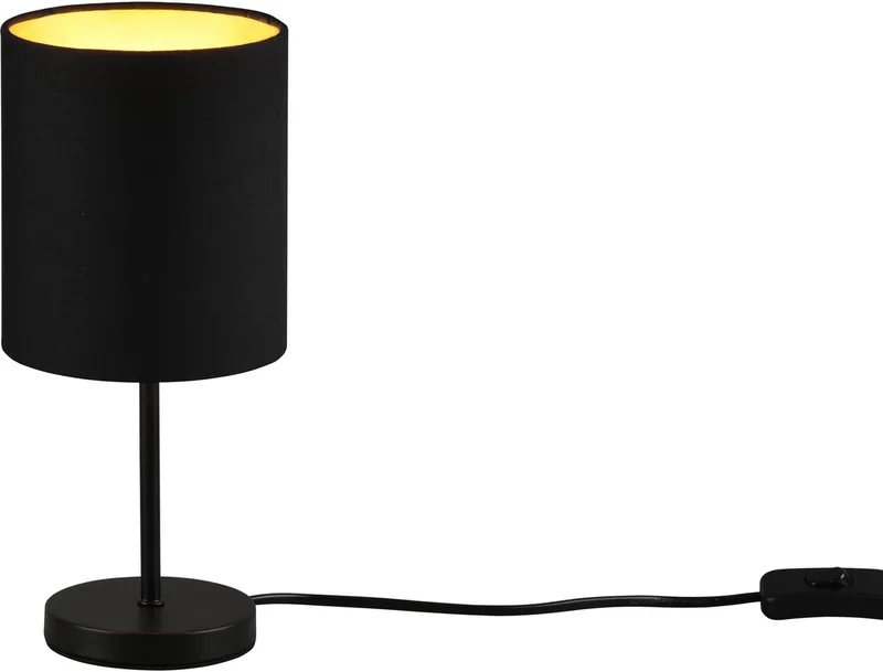 Tischleuchte Jerry, Ein-/Ausschalter, Leuchtmittel wechselbar, Tischlampe 28cm, Ø 13cm, Stoffschirm in schwarz/gold, Schnurschalter fra Reality i Sort – produktbillede