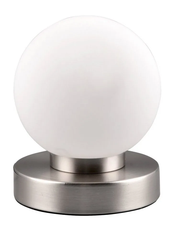 Tischleuchte PRESTON, 1-flammig, Glasschirm, H 15 cm, ohne Leuchtmittel, Metallgestell Nickelfarben matt, Tischlampe, Touchfunktion von Reality in Weiß – Produktfoto