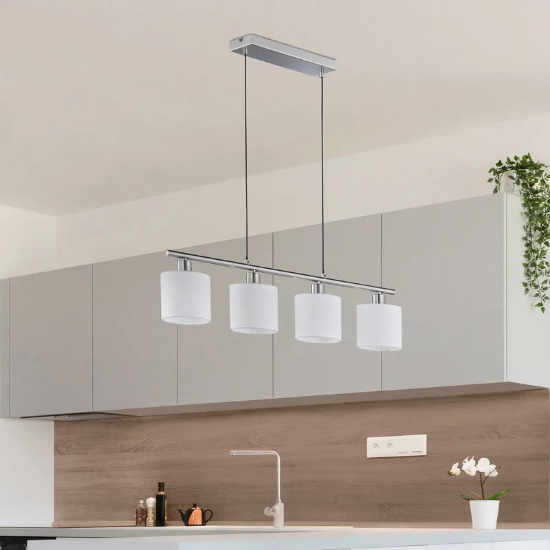 Tommy hanglamp, nikkel/wit, lengte 75 cm, 4-lamps, stof de Reality en Mat nikkel, Blanc – photo produit