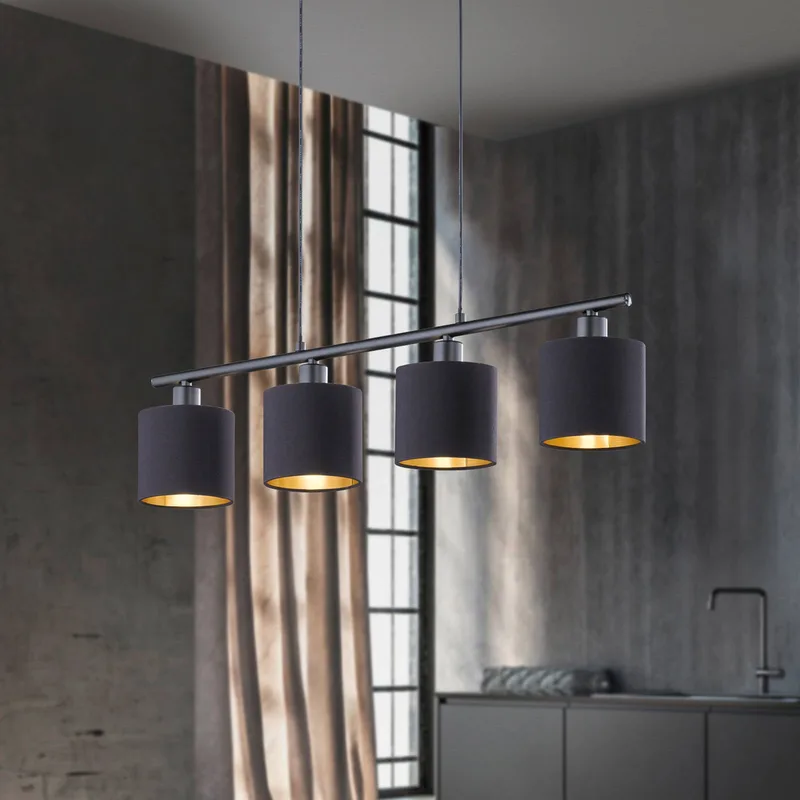 Tommy hanglamp, zwart/goud, lengte 75 cm, 4-lamps, stof från Reality i Matzwart, Guld – produktbild