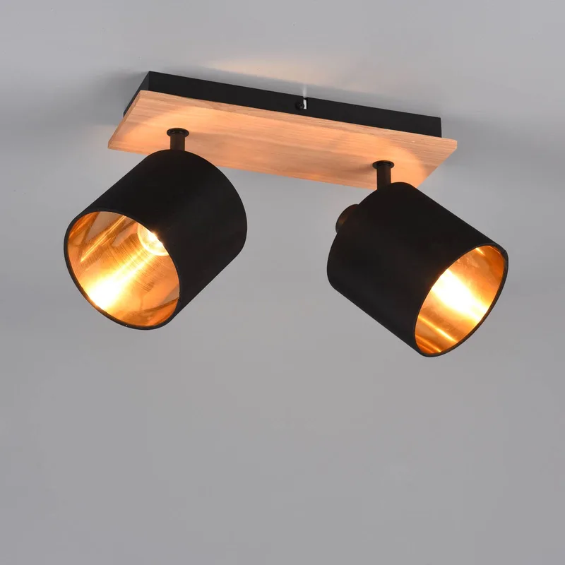 Tommy plafondspot, hout/zwart/goud, lengte 30 cm, 2-lamps. de Reality en Licht hout, Noir, Or – photo produit
