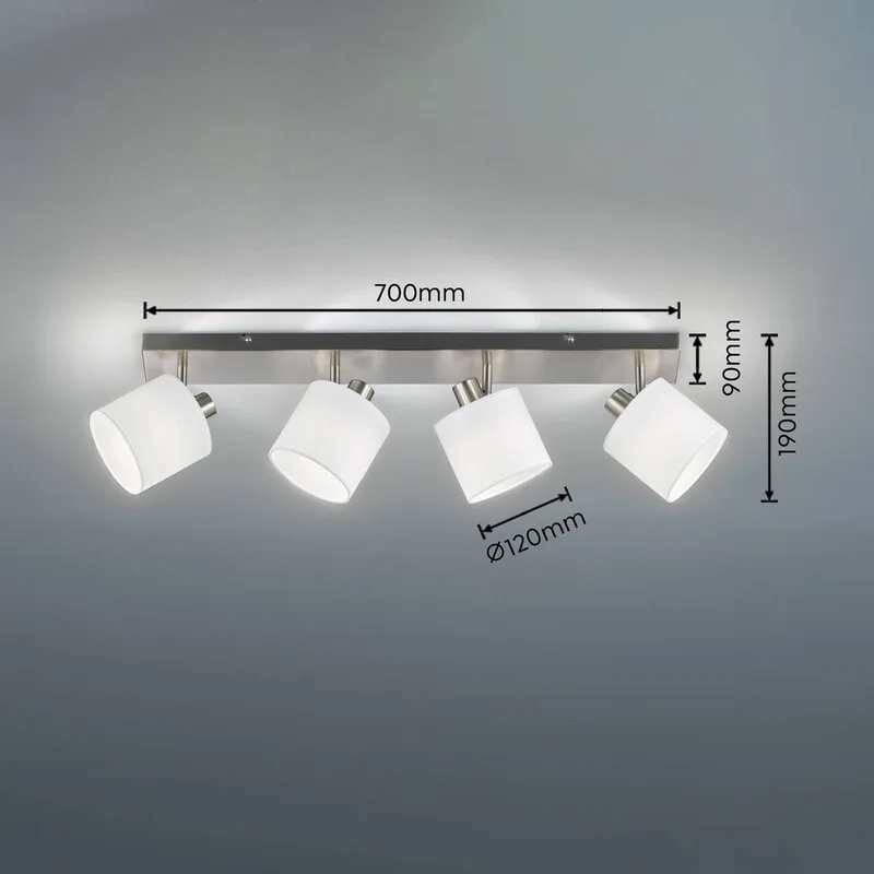 Tommy plafondspot, nikkel/wit, lengte 70 cm, 4-lamps. de Reality en Mat nikkel, Blanc – photo produit