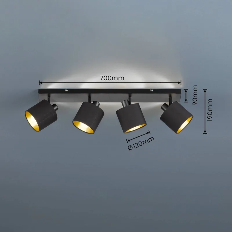 Tommy plafondspot, zwart/goud, lengte 70 cm, 4-lamps. van Reality in Matzwart, Goud – productfoto