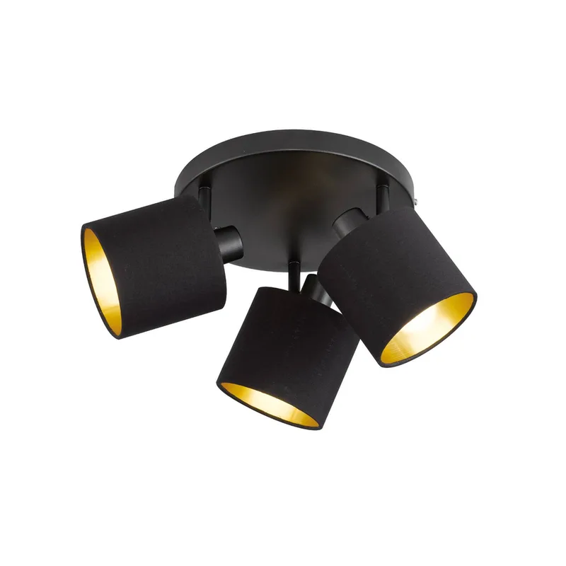 Tommy plafondspot, zwart/goud, Ø 25 cm, 3-lamps, stof från Reality i Matzwart, Guld – produktbild