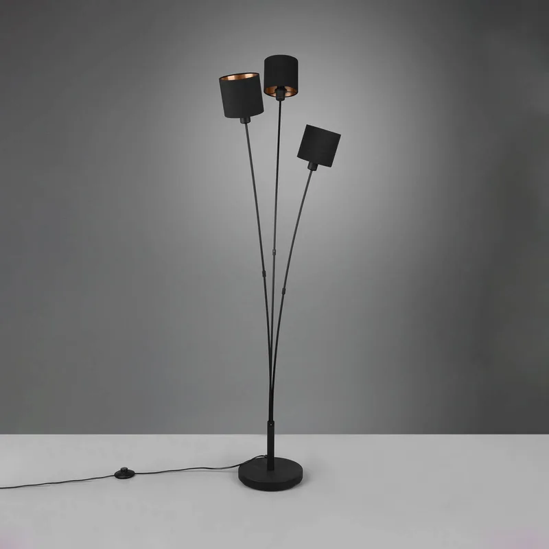 Tommy vloerlamp, zwart/goud, hoogte 150 cm, 3-lamps stof fra Reality i Matzwart, Guld – produktbillede