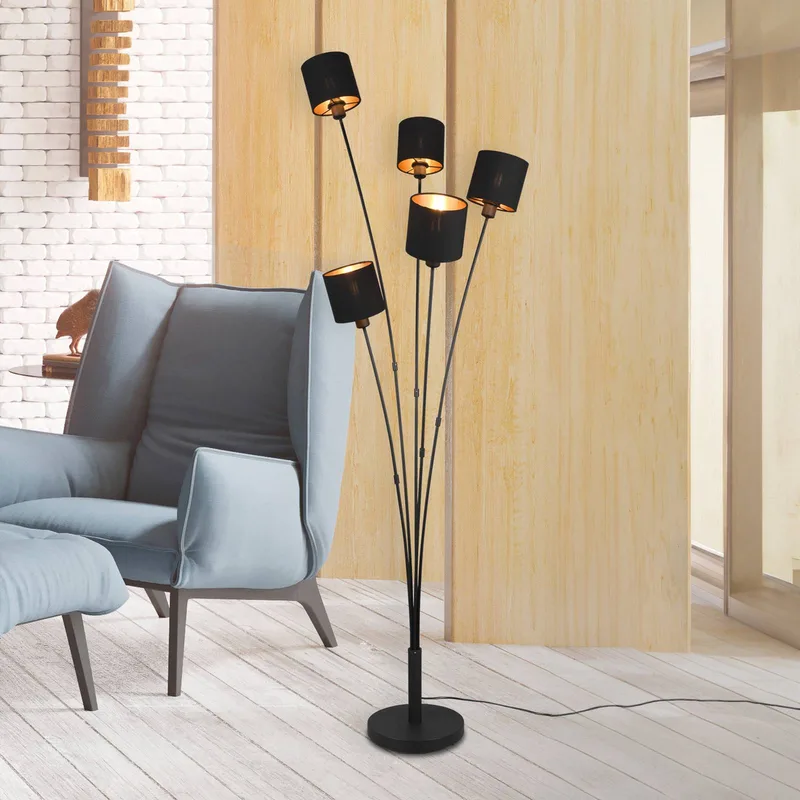 Tommy vloerlamp, zwart/goud, hoogte 163 cm, 5-lamps stof fra Reality i Matzwart, Guld – produktbillede