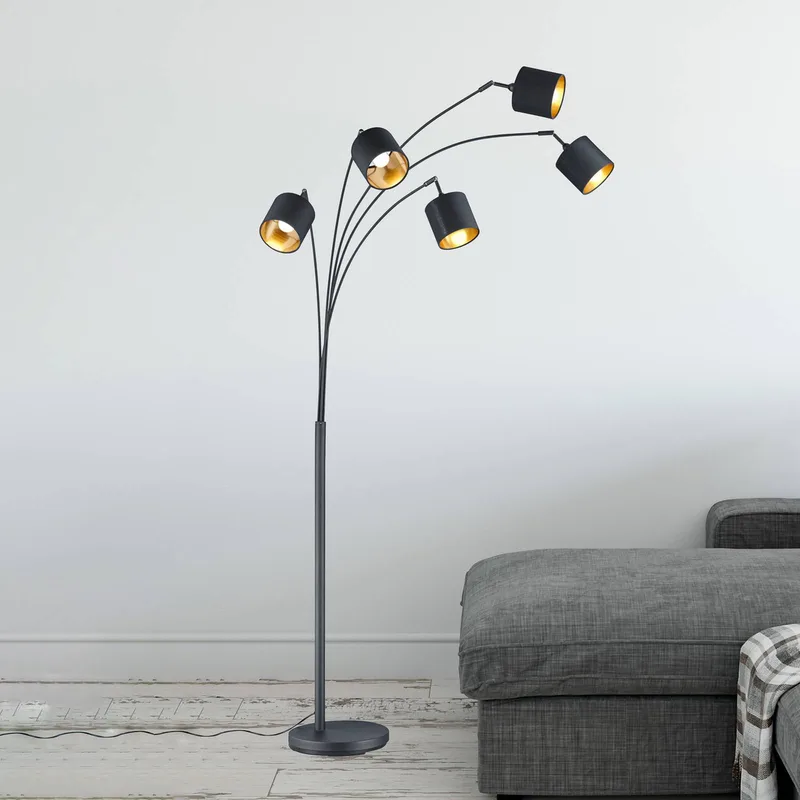 Tommy vloerlamp, zwart/goud, hoogte 200 cm, 5-lamps, stof van Reality in Matzwart, Goud – productfoto