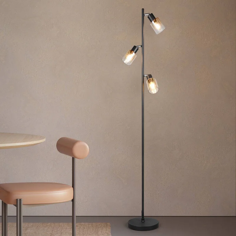 Vloerlamp Cadiz, zwart/amber, 3-lamps, hoogte 154 cm van Reality in Zwart, Amber – productfoto