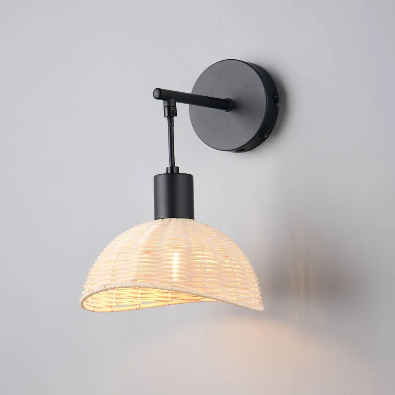 Wandlamp Calvi, rotan naturel, zwart, metaal, Ø 18 cm von Reality in Zwart mat, Rotan naturel – Produktfoto