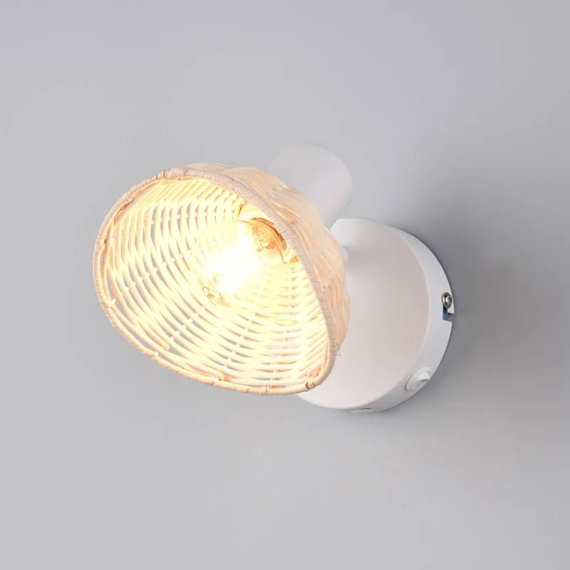 Wandlamp Calvi, wit, rotan naturel, Ø 13 cm, schakelaar de Reality en Wit mat, Rotan naturel – photo produit