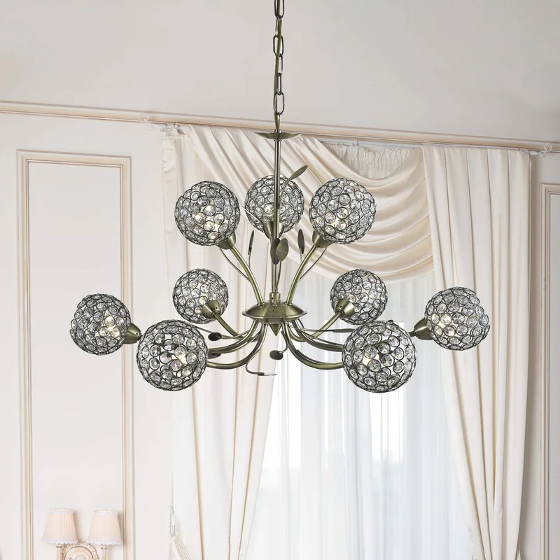Bellis II kroonluchter, antiek messing, glas, 9-lamps, G9 von Searchlight in Oud messing, Helder – Produktfoto