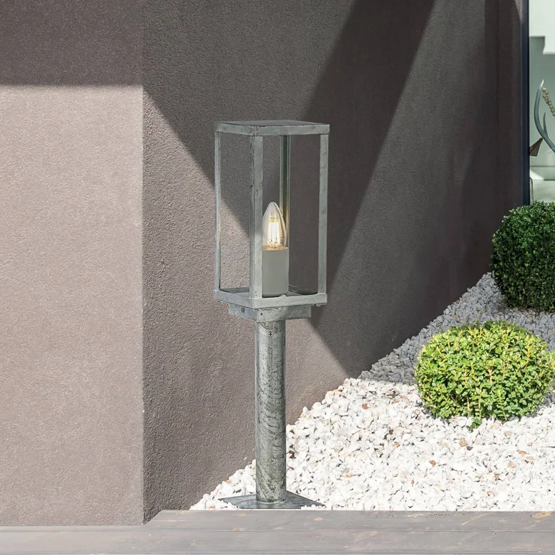 Box II sokkellamp, 50 cm hoog, zilver/helder, glas, IP44 de Searchlight en Argent, Helder – photo produit