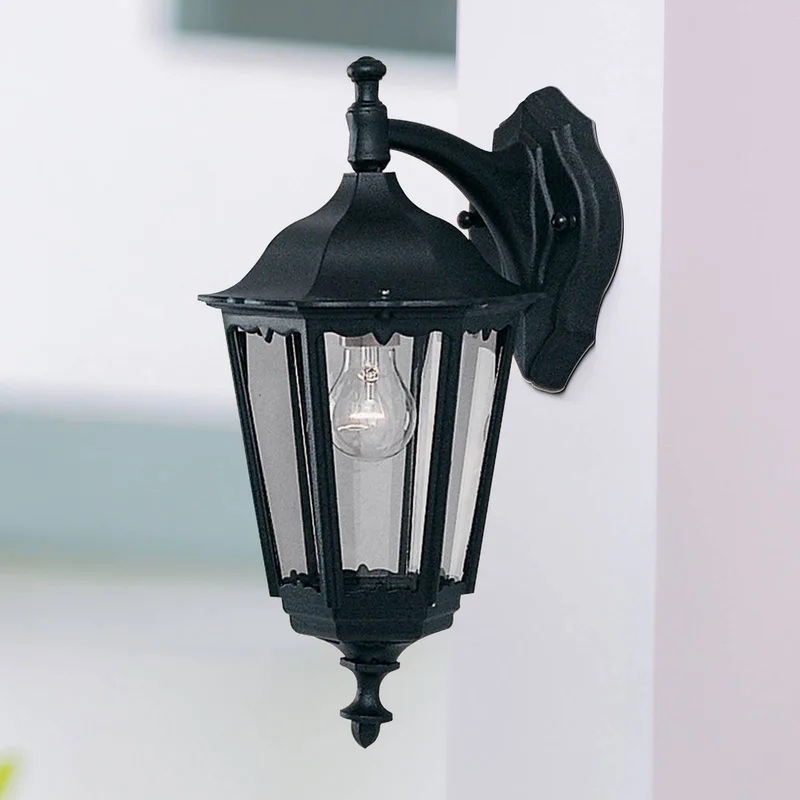 Buitenwandlamp Alex, hoogte 44 cm, zwart/transparant, metaal/glas fra Searchlight i Sort, Helder – produktbillede